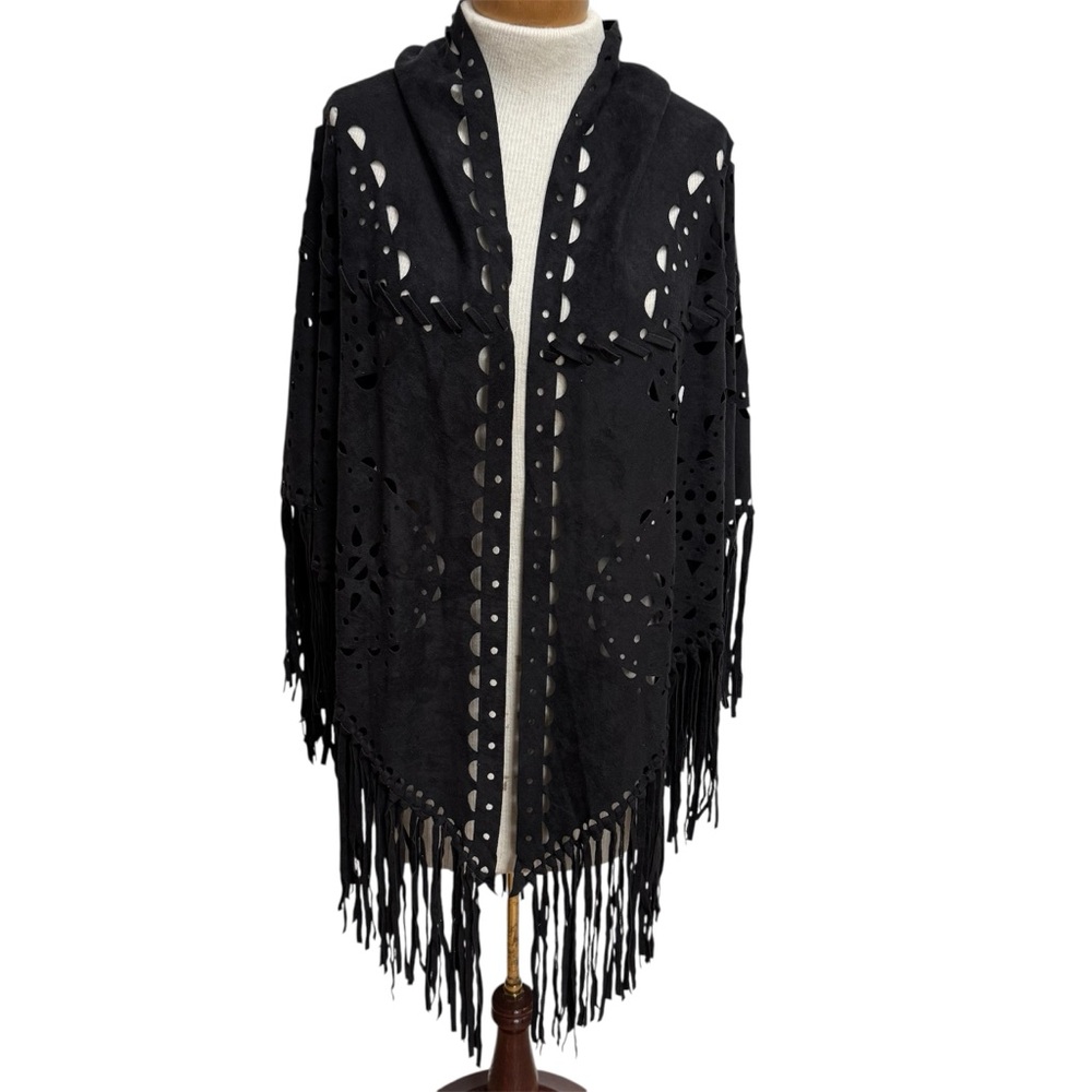 Faux Suede Laser Cut Fringe Wrap Shawl Cape Boho Bohemian Western